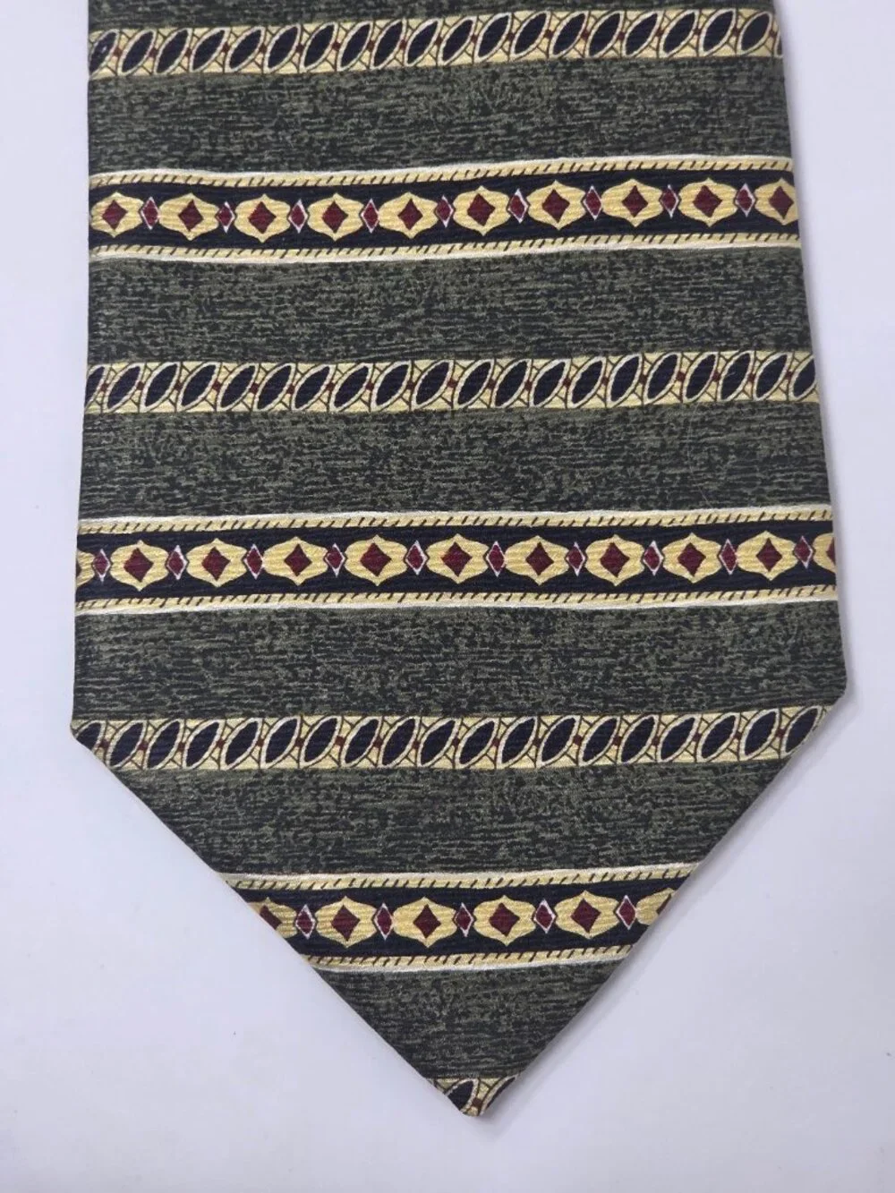 Charleston Tie Rack 100% Silk Tie 59 Inch Olive Green Geometric Stripe Italy